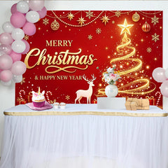 Lofaris Toile de fond de Noël rouge et or avec sapin scintillant et renne, décor festif pour Nouvel An et séances photo de vacances