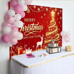 Lofaris Toile de fond de Noël rouge et or avec sapin scintillant et renne, décor festif pour Nouvel An et séances photo de vacances