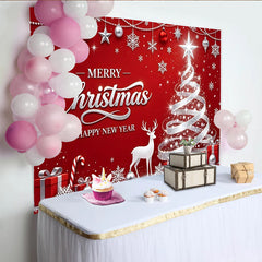 Lofaris Fond rouge scintillant avec sapin et renne pour Noël et Nouvel An, magnifique arrière-plan de fête pour studio photo
