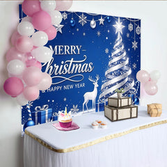 Lofaris Toile de fond de Noël et Nouvel An bleue et argentée avec sapin et renne, décor de fête d'hiver avec flocons de neige et cadeaux