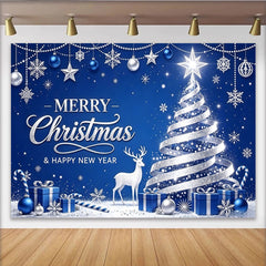 Lofaris Toile de fond de Noël et Nouvel An bleue et argentée avec sapin et renne, décor de fête d'hiver avec flocons de neige et cadeaux