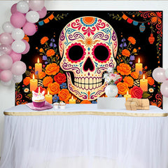 Lofaris Toile de fond Dia de los Muertos avec crâne en sucre et fleurs colorées, décor festif pour célébration mexicaine et studio photo