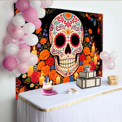Lofaris Toile de fond Dia de los Muertos avec crâne en sucre et fleurs colorées, décor festif pour célébration mexicaine et studio photo