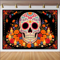 Lofaris Toile de fond Dia de los Muertos avec crâne en sucre et fleurs colorées, décor festif pour célébration mexicaine et studio photo