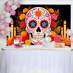 Lofaris Toile de fond Dia de los Muertos avec crâne en sucre et fleurs colorées, décoration festive pour célébration mexicaine et studio photo