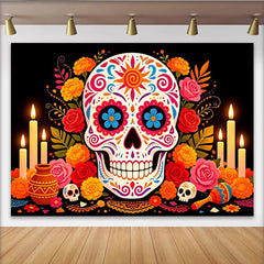 Lofaris Toile de fond Dia de los Muertos avec crâne en sucre et fleurs colorées, décoration festive pour célébration mexicaine et studio photo