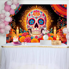 Lofaris Toile de fond Día de Muertos avec calavera colorée et fleurs, magnifique arrière-plan festif pour célébration mexicaine
