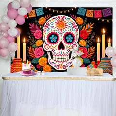 Lofaris Crâne en sucre coloré et œillets d'Inde pour le Día de los Muertos, décoration de fête mexicaine avec bougies et guirlandes