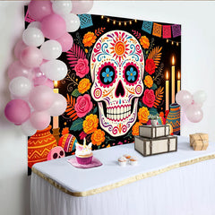 Lofaris Crâne en sucre coloré et œillets d'Inde pour le Día de los Muertos, décoration de fête mexicaine avec bougies et guirlandes