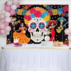 Lofaris Toile de fond pour la Fête des Morts avec crâne en sucre et squelettes musiciens, arrière-plan festif pour décoration de fête mexicaine
