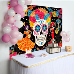 Lofaris Toile de fond pour la Fête des Morts avec crâne en sucre et squelettes musiciens, arrière-plan festif pour décoration de fête mexicaine