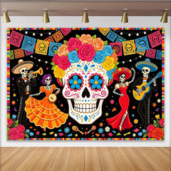 Lofaris Toile de fond pour la Fête des Morts avec crâne en sucre et squelettes musiciens, arrière-plan festif pour décoration de fête mexicaine
