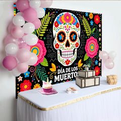 Lofaris Toile de fond Día de los Muertos avec crâne en sucre et fleurs colorées, arrière-plan vibrant pour fête mexicaine et studio photo