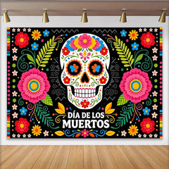 Lofaris Toile de fond Día de los Muertos avec crâne en sucre et fleurs colorées, arrière-plan vibrant pour fête mexicaine et studio photo