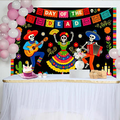 Lofaris Toile de fond Dia de los Muertos colorée avec squelettes musiciens, décor festif mexicain pour célébration et séance photo
