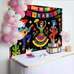 Lofaris Toile de fond Dia de los Muertos colorée avec squelettes musiciens, décor festif mexicain pour célébration et séance photo