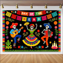 Lofaris Toile de fond Dia de los Muertos colorée avec squelettes musiciens, décor festif mexicain pour célébration et séance photo