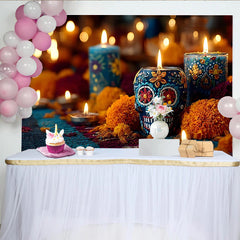 Lofaris Toile de fond Jour des Morts avec crânes décoratifs et bougies, décor de fête mexicaine avec fleurs de souci pour photographie