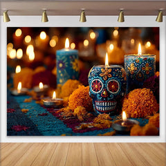Lofaris Toile de fond Jour des Morts avec crânes décoratifs et bougies, décor de fête mexicaine avec fleurs de souci pour photographie