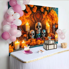 Lofaris Toile de fond Dia de los Muertos avec calaveras colorées et œillets d'Inde, magnifique décor festif pour célébration mexicaine