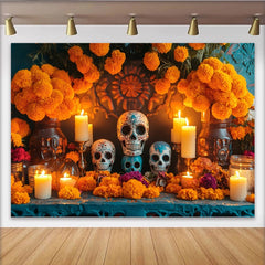 Lofaris Toile de fond Dia de los Muertos avec calaveras colorées et œillets d'Inde, magnifique décor festif pour célébration mexicaine