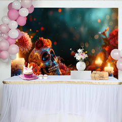 Lofaris Toile de fond Dia de los Muertos avec crâne fleuri et bougies allumées, arrière-plan festif et vibrant pour célébration mexicaine