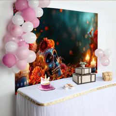 Lofaris Toile de fond Dia de los Muertos avec crâne fleuri et bougies allumées, arrière-plan festif et vibrant pour célébration mexicaine