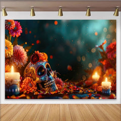 Lofaris Toile de fond Dia de los Muertos avec crâne fleuri et bougies allumées, arrière-plan festif et vibrant pour célébration mexicaine