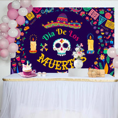 Lofaris Toile de fond Dia de los Muertos colorée avec crâne en sucre et bougies, magnifique décor de fête mexicaine pour studio photo
