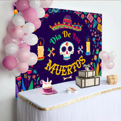 Lofaris Toile de fond Dia de los Muertos colorée avec crâne en sucre et bougies, magnifique décor de fête mexicaine pour studio photo
