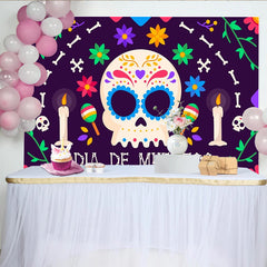 Lofaris Toile de fond Dia de los Muertos avec crâne fleuri et bougies, magnifique arrière-plan pour célébration mexicaine et fête colorée