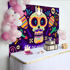Lofaris Toile de fond Día de Muertos avec crâne en sucre coloré et maracas, décor festif mexicain pour célébration culturelle