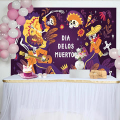 Lofaris Toile de fond Fête des Morts mexicaine avec squelettes et sombreros, décor festif aux couleurs vives pour célébration et photographie