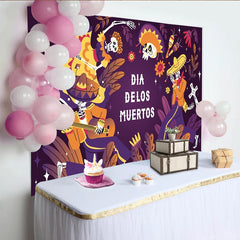 Lofaris Toile de fond Fête des Morts mexicaine avec squelettes et sombreros, décor festif aux couleurs vives pour célébration et photographie