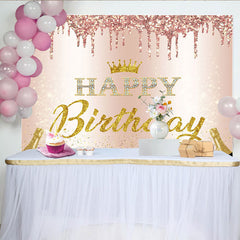 Lofaris Toile de fond pour anniversaire rose or paillettes et couronne, élégant décor de fête avec bouteilles de champagne pour studio photo