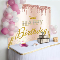 Lofaris Toile de fond pour anniversaire rose or paillettes et couronne, élégant décor de fête avec bouteilles de champagne pour studio photo