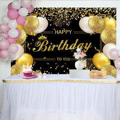 Lofaris Toile de fond joyeux anniversaire noir et or avec paillettes et ballons, décor de fête élégant pour studio photo