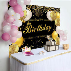 Lofaris Toile de fond joyeux anniversaire noir et or avec paillettes et ballons, décor de fête élégant pour studio photo