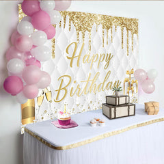 Lofaris Toile de fond joyeux anniversaire blanc et or avec paillettes et champagne, élégant décor de fête avec cadeaux pour célébration