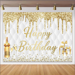 Lofaris Toile de fond joyeux anniversaire blanc et or avec paillettes et champagne, élégant décor de fête avec cadeaux pour célébration