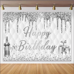 Lofaris Toile de fond pour anniversaire paillettes argentées avec diamants et champagne, élégant décor de fête avec cadeaux pour studio photo