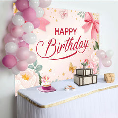 Lofaris Toile de fond joyeux anniversaire rose pour fille avec nœuds et papillons, magnifique décor floral et étoiles pour séance photo