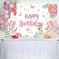 Lofaris Toile de fond joyeux anniversaire rose avec fleurs, papillons et flûtes de champagne, décor élégant pour fête et studio photo