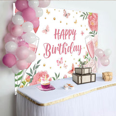 Lofaris Toile de fond joyeux anniversaire rose avec fleurs, papillons et flûtes de champagne, décor élégant pour fête et studio photo