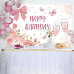 Lofaris Toile de fond joyeux anniversaire rose avec fleurs et papillons, élégant décor de fête pour femme et séance photo