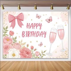 Lofaris Toile de fond joyeux anniversaire rose avec fleurs et papillons, élégant décor de fête pour femme et séance photo