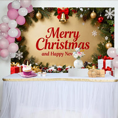Lofaris Toile de Fond de Fête Joyeux Noël et Bonne Année, Décoration de Fête Festive Or avec Guirlande et Cadeaux