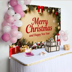 Lofaris Toile de Fond de Fête Joyeux Noël et Bonne Année, Décoration de Fête Festive Or avec Guirlande et Cadeaux