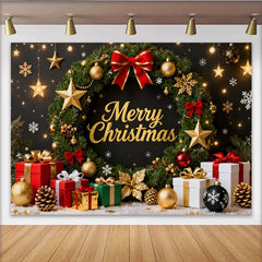 Lofaris Toile de Fond de Fête Élégante Couronne de Joyeux Noël Paillettes Or avec Cadeaux Festifs et Étoiles