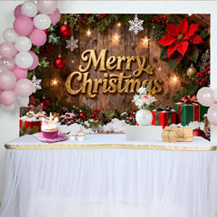 Lofaris Toile de Fond de F¨ºte Joyeux No?l en Bois Rustique, avec Texte Dor¨¦, Baies de Houx et Neige, pour D¨¦coration de F¨ºte Festive